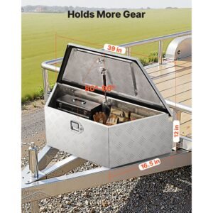 trailer tongue box, 39" x 16.5" x 12" aluminum trailer tongue tool box, heavy duty storage organizer with lock & keys, utility tool chest for pickup truck bed, rv, suv, off road vehicle, silver
