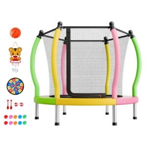 Trampoline for Kids, Toddler Mini Trampoline, 132 lbs Capacity Indoor Outdoor Play Toys with Enclosure Net and Basketball Hoop, Easy to Assemble, Christmas Toys Birthday Gifts for Girls Boys