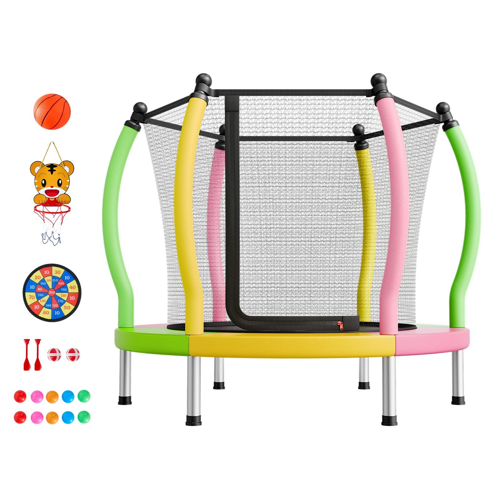 trampoline for kids, toddler mini trampoline, 132 lbs capacity indoor outdoor play toys with enclosure net and basketball hoop, easy to assemble, christmas toys birthday gifts for girls boys