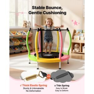 trampoline for kids, toddler mini trampoline, 132 lbs capacity indoor outdoor play toys with enclosure net and basketball hoop, easy to assemble, christmas toys birthday gifts for girls boys