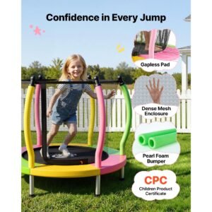 trampoline for kids, toddler mini trampoline, 132 lbs capacity indoor outdoor play toys with enclosure net and basketball hoop, easy to assemble, christmas toys birthday gifts for girls boys