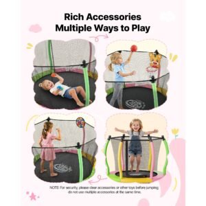 trampoline for kids, toddler mini trampoline, 132 lbs capacity indoor outdoor play toys with enclosure net and basketball hoop, easy to assemble, christmas toys birthday gifts for girls boys