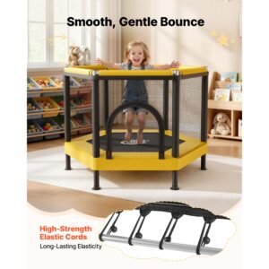 trampoline for kids, toddler mini trampoline, 132 lbs capacity indoor outdoor play toys with enclosure net and basketball hoop, easy to assemble, christmas toys birthday gifts for girls boys
