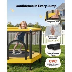trampoline for kids, toddler mini trampoline, 132 lbs capacity indoor outdoor play toys with enclosure net and basketball hoop, easy to assemble, christmas toys birthday gifts for girls boys