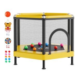 Trampoline for Kids, Toddler Mini Trampoline, 132 lbs Capacity Indoor Outdoor Play Toys with Enclosure Net and Basketball Hoop, Easy to Assemble, Christmas Toys Birthday Gifts for Girls Boys