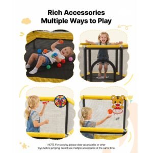 trampoline for kids, toddler mini trampoline, 132 lbs capacity indoor outdoor play toys with enclosure net and basketball hoop, easy to assemble, christmas toys birthday gifts for girls boys