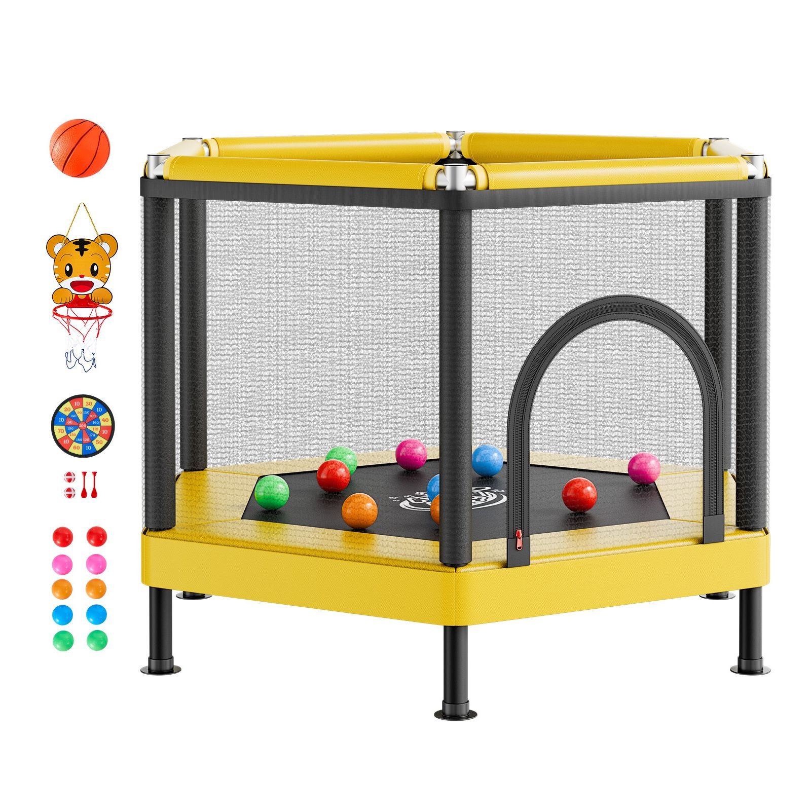 trampoline for kids, toddler mini trampoline, 132 lbs capacity indoor outdoor play toys with enclosure net and basketball hoop, easy to assemble, christmas toys birthday gifts for girls boys