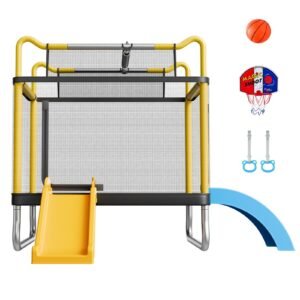 Trampoline for Kids, Toddler Mini Trampoline, 132 lbs Capacity Indoor Outdoor Play Toys with Enclosure Net, Slide, and Ring, Easy to Assemble, Christmas Toys Birthday Gifts for Girls Boys