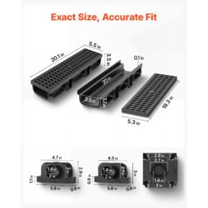 trench drain, 20.1 x 5.5 x 3.5 in, 12 pack linear drainage channel, hdpe channel drain with grates & end caps, premium outdoor drainage system for driveway, patio, pool, garden, yard, black