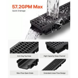 trench drain, 20.1 x 5.5 x 3.5 in, 12 pack linear drainage channel, hdpe channel drain with grates & end caps, premium outdoor drainage system for driveway, patio, pool, garden, yard, black