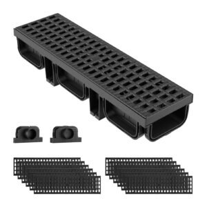 Trench Drain, 20.1 x 5.5 x 3.5 in, 12 Pack Linear Drainage Channel, HDPE Channel Drain with Grates & End Caps, Premium Outdoor Drainage System for Driveway, Patio, Pool, Garden, Yard, Black