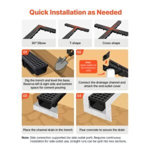 trench drain, 20.1 x 5.5 x 3.5 in, 12 pack linear drainage channel, hdpe channel drain with grates & end caps, premium outdoor drainage system for driveway, patio, pool, garden, yard, black