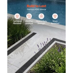 trench drain, 20.1 x 5.5 x 3.5 in, 6 pack linear drainage channel, hdpe channel drain with grates & end caps, premium outdoor drainage system for driveway, patio, pool, garden, yard, black