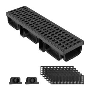 Trench Drain, 20.1 x 5.5 x 3.5 in, 6 Pack Linear Drainage Channel, HDPE Channel Drain with Grates & End Caps, Premium Outdoor Drainage System for Driveway, Patio, Pool, Garden, Yard, Black