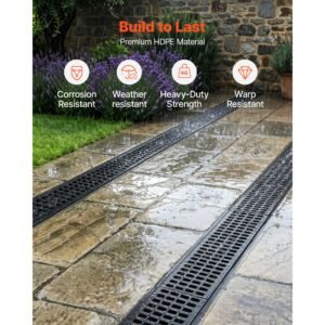 trench drain, 40.1 x 6.1 x 8.0 in, 4 pack linear drainage channel, hdpe channel drain with grates & end caps, premium outdoor drainage system for driveway, patio, pool, garden, yard, black