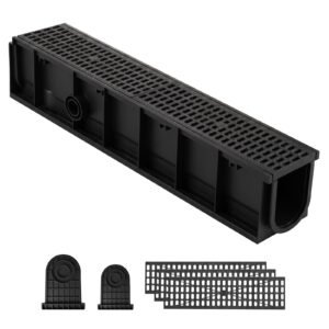 Trench Drain, 40.1 x 6.1 x 8.0 in, 4 Pack Linear Drainage Channel, HDPE Channel Drain with Grates & End Caps, Premium Outdoor Drainage System for Driveway, Patio, Pool, Garden, Yard, Black