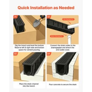 trench drain, 40.1 x 6.1 x 8.0 in, 4 pack linear drainage channel, hdpe channel drain with grates & end caps, premium outdoor drainage system for driveway, patio, pool, garden, yard, black