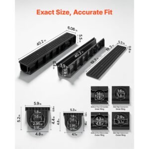 trench drain, 40.2 x 6.6 x 5.5 in, 3 pack linear drainage channel, hdpe channel drain with grates & end caps, premium outdoor drainage system for driveway, patio, pool, garden, yard, black