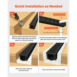 trench drain, 40.2 x 6.6 x 5.5 in, 3 pack linear drainage channel, hdpe channel drain with grates & end caps, premium outdoor drainage system for driveway, patio, pool, garden, yard, black