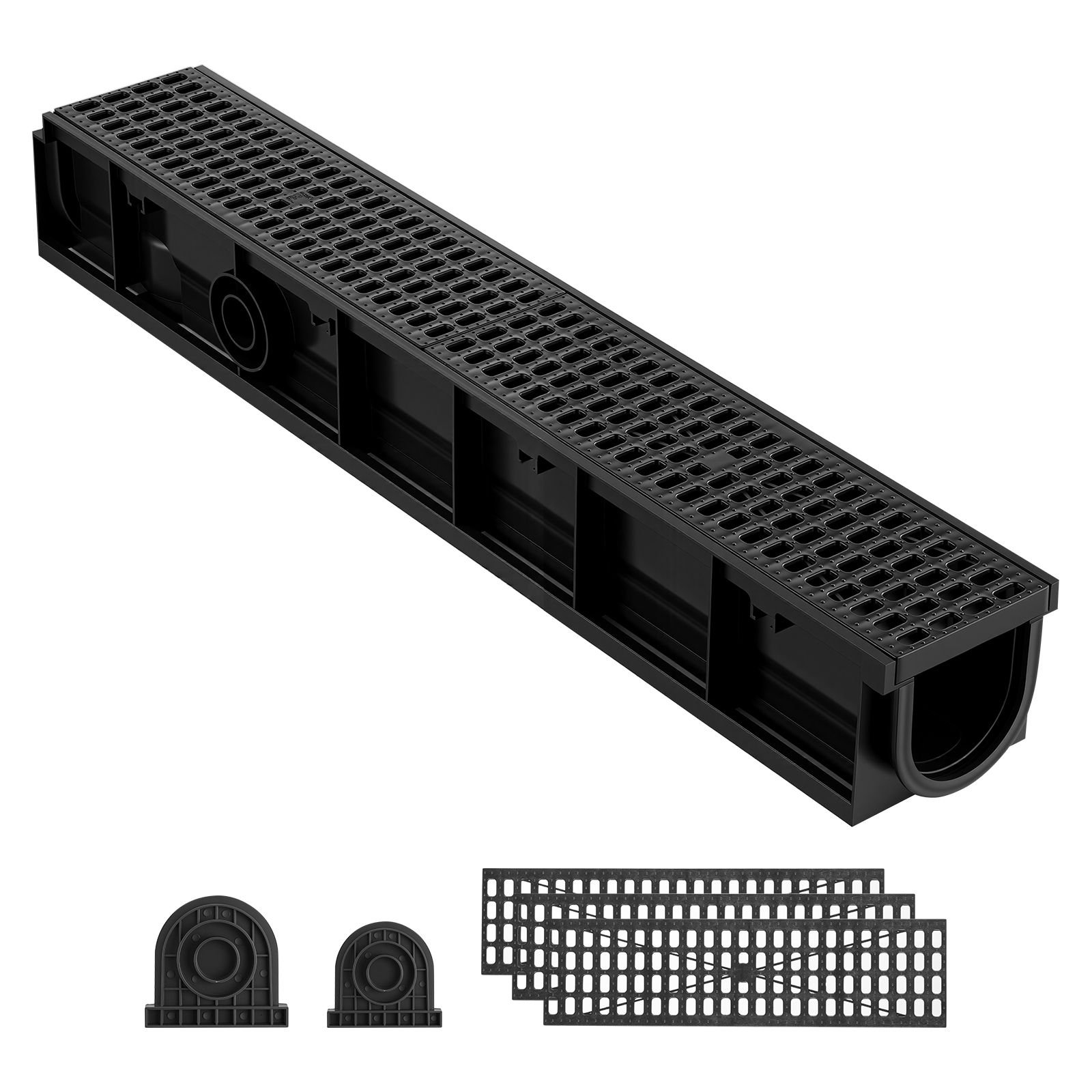 trench drain, 40.2 x 6.6 x 5.5 in, 3 pack linear drainage channel, hdpe channel drain with grates & end caps, premium outdoor drainage system for driveway, patio, pool, garden, yard, black