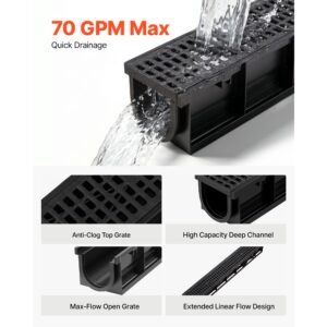 trench drain, 40.2 x 6.6 x 5.5 in, 6 pack linear drainage channel, hdpe channel drain with grates & end caps, premium outdoor drainage system for driveway, patio, pool, garden, yard, black