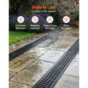 trench drain, 40.2 x 6.6 x 5.5 in, 6 pack linear drainage channel, hdpe channel drain with grates & end caps, premium outdoor drainage system for driveway, patio, pool, garden, yard, black