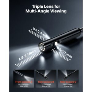 triple lens endoscope with 32.8ft newly ultra rigid cable, industrial borescope with light, 5" hd ips screen, 8 + 2 lights, 8x zoom, 5000mah, ip67 waterproof snake camera for auto, plumbing