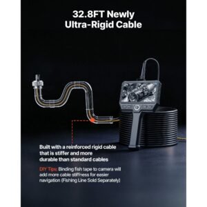 triple lens endoscope with 32.8ft newly ultra rigid cable, industrial borescope with light, 5" hd ips screen, 8 + 2 lights, 8x zoom, 5000mah, ip67 waterproof snake camera for auto, plumbing