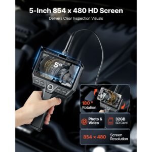 triple lens endoscope with 32.8ft newly ultra rigid cable, industrial borescope with light, 5" hd ips screen, 8 + 2 lights, 8x zoom, 5000mah, ip67 waterproof snake camera for auto, plumbing