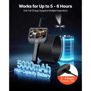 triple lens endoscope with 32.8ft newly ultra rigid cable, industrial borescope with light, 5" hd ips screen, 8 + 2 lights, 8x zoom, 5000mah, ip67 waterproof snake camera for auto, plumbing