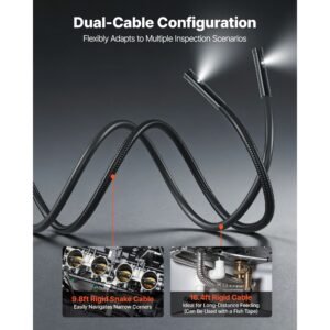 triple lens endoscope with dual cable setup, industrial borescope with light, 7" hd ips spilt screen, 8 + 2 leds, 8x zoom, ip67 waterproof snake camera for auto, plumbing (16.4ft + 9.8ft cables)