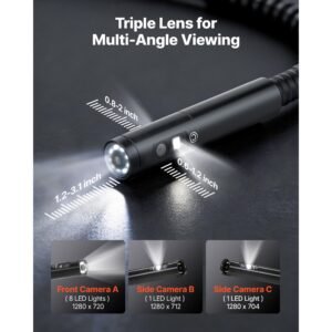 triple lens endoscope with dual cable setup, industrial borescope with light, 7" hd ips spilt screen, 8 + 2 leds, 8x zoom, ip67 waterproof snake camera for auto, plumbing (16.4ft + 9.8ft cables)
