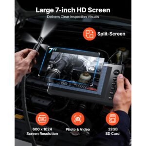 triple lens endoscope with dual cable setup, industrial borescope with light, 7" hd ips spilt screen, 8 + 2 leds, 8x zoom, ip67 waterproof snake camera for auto, plumbing (16.4ft + 9.8ft cables)