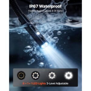 triple lens endoscope with dual cable setup, industrial borescope with light, 7" hd ips spilt screen, 8 + 2 leds, 8x zoom, ip67 waterproof snake camera for auto, plumbing (16.4ft + 9.8ft cables)