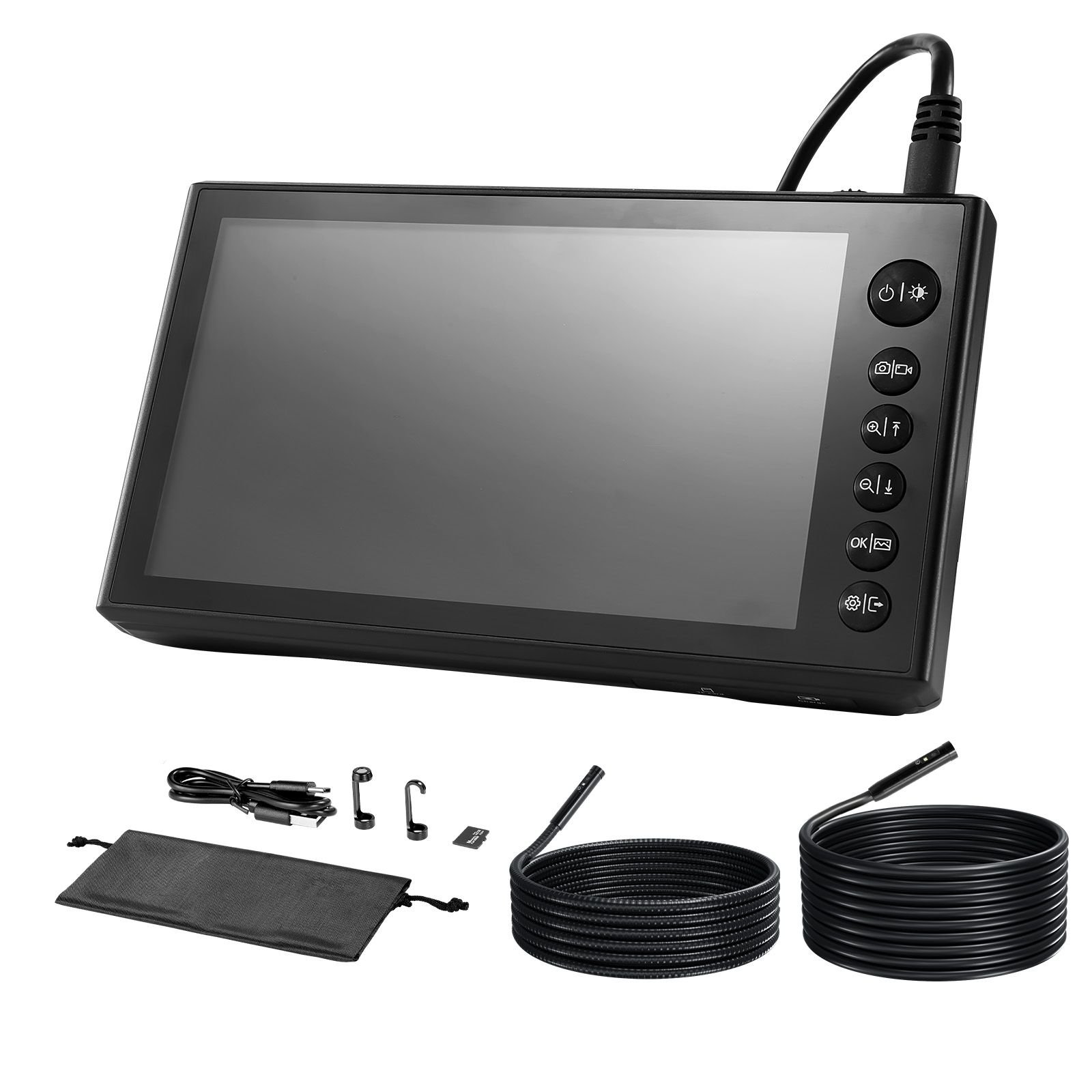 triple lens endoscope with dual cable setup, industrial borescope with light, 7" hd ips spilt screen, 8 + 2 leds, 8x zoom, ip67 waterproof snake camera for auto, plumbing (16.4ft + 9.8ft cables)