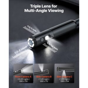 triple lens endoscope with light, 4.5" hd ips screen industrial borescope camera, 8 + 2 lights, 8x zoom, ip67 waterproof inspection snake camera for automotive, plumbing (16.4ft rigid cable)