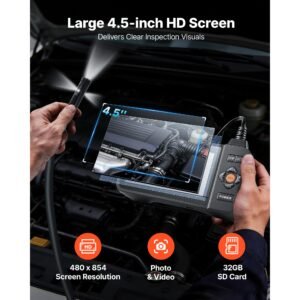 triple lens endoscope with light, 4.5" hd ips screen industrial borescope camera, 8 + 2 lights, 8x zoom, ip67 waterproof inspection snake camera for automotive, plumbing (16.4ft rigid cable)