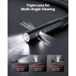 triple lens endoscope with light, 5" hd ips screen industrial borescope, 1280 x 720 lens, 8 + 2 leds, 8x zoom, ip67 waterproof inspection snake camera for auto, plumbing (16.4ft rigid cable)