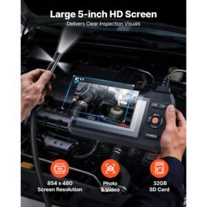 triple lens endoscope with light, 5" hd ips screen industrial borescope, 1280 x 720 lens, 8 + 2 leds, 8x zoom, ip67 waterproof inspection snake camera for auto, plumbing (16.4ft rigid cable)