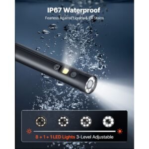 triple lens endoscope with light, 5" hd ips screen industrial borescope camera, 8 + 2 led lights, 8x zoom, 5000mah, ip67 waterproof inspection snake camera for automotive, plumbing (4.9ft cable)