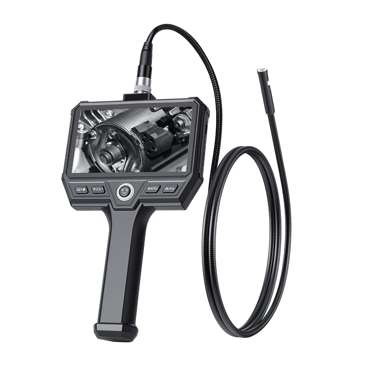 triple lens endoscope with light, 5" hd ips screen industrial borescope camera, 8 + 2 led lights, 8x zoom, 5000mah, ip67 waterproof inspection snake camera for automotive, plumbing (4.9ft cable)