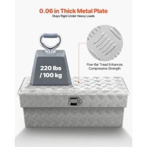 truck bed tool box, heavy duty aluminum tool box with tread patterns, storage toolbox chest organizer with lock and key, ideal for pickup, truck bed, rv, trailer, 34 x 12 x 15.4 in, silver