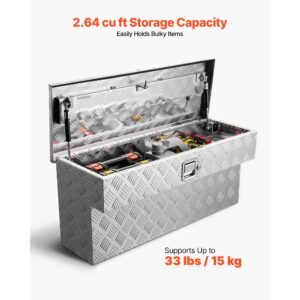 truck bed tool box, heavy duty aluminum tool box with tread patterns, storage toolbox chest organizer with lock and key, ideal for pickup, truck bed, rv, trailer, 34 x 12 x 15.4 in, silver