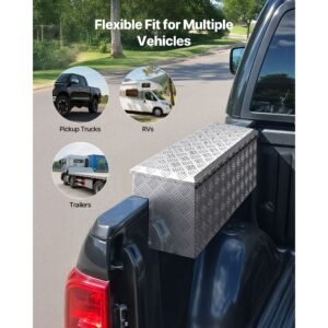 truck bed tool box, heavy duty aluminum tool box with tread patterns, storage toolbox chest organizer with lock and key, ideal for pickup, truck bed, rv, trailer, 34 x 12 x 15.4 in, silver