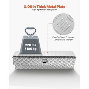 truck bed tool box, heavy duty aluminum tool box with tread patterns, storage toolbox chest organizer with lock and key, ideal for pickup, truck bed, rv, trailer, 48 x 13.4 x 13 in, silver