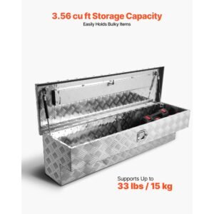 truck bed tool box, heavy duty aluminum tool box with tread patterns, storage toolbox chest organizer with lock and key, ideal for pickup, truck bed, rv, trailer, 48 x 13.4 x 13 in, silver