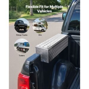 truck bed tool box, heavy duty aluminum tool box with tread patterns, storage toolbox chest organizer with lock and key, ideal for pickup, truck bed, rv, trailer, 48 x 13.4 x 13 in, silver