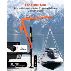 truck crane, 500 lbs pickup hitch crane trailer hitch mounted with manual winch & hydraulic jack, 360° rotating telescopic boom, foldable truck bed jib hoist for machine lumber equipment lifting