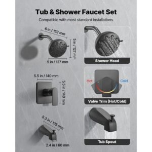 tub and shower faucet set, 5 inch rainfall shower head and bathtub spout, complete single handle tub trim kit with brass pressure balancing valve, 8 setting adjustable spray modes, matte black