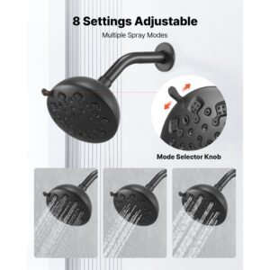tub and shower faucet set, 5 inch rainfall shower head and bathtub spout, complete single handle tub trim kit with brass pressure balancing valve, 8 setting adjustable spray modes, matte black